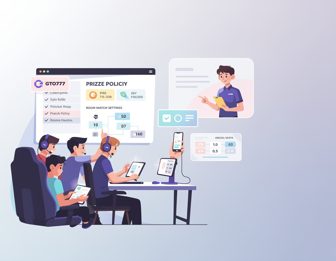 Ilustrasi cara audit prize policy sebelum squad mendaftar untuk gto777 dengan room match, bracket, screenshot skor, dan admin review